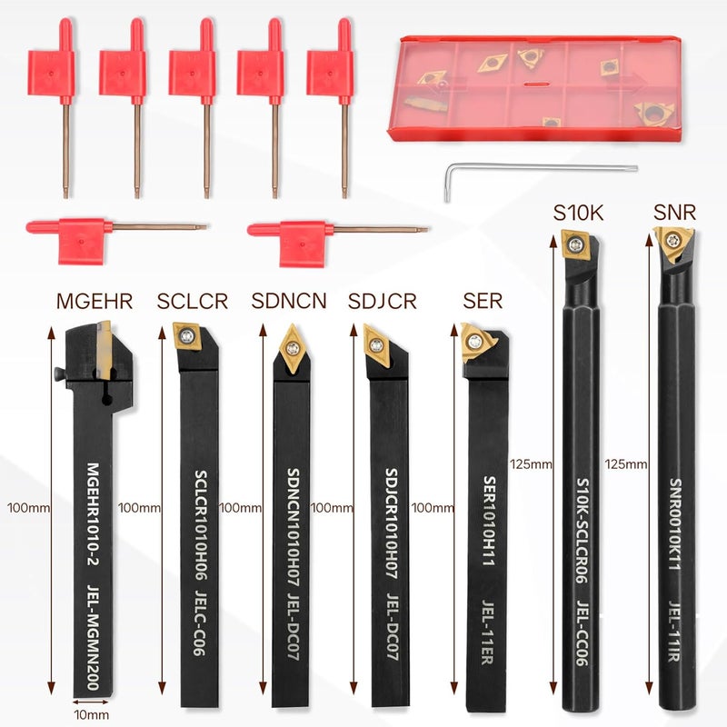 Joogto Indexable Lathe Turning Tool 21Pcs Kit 3/8'' 10mm Shank 7Pcs Metal Lathe Tools Holder Set with 14Pcs Turning Inserts for Turning Grooving Threading Boring Carbide Inserts Carbide Turning Tool - Image 3